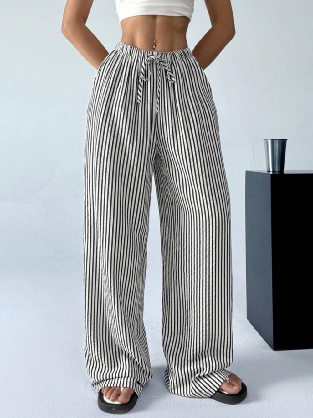 SHEIN Women's Casual Striped Wide-Leg Long Pants